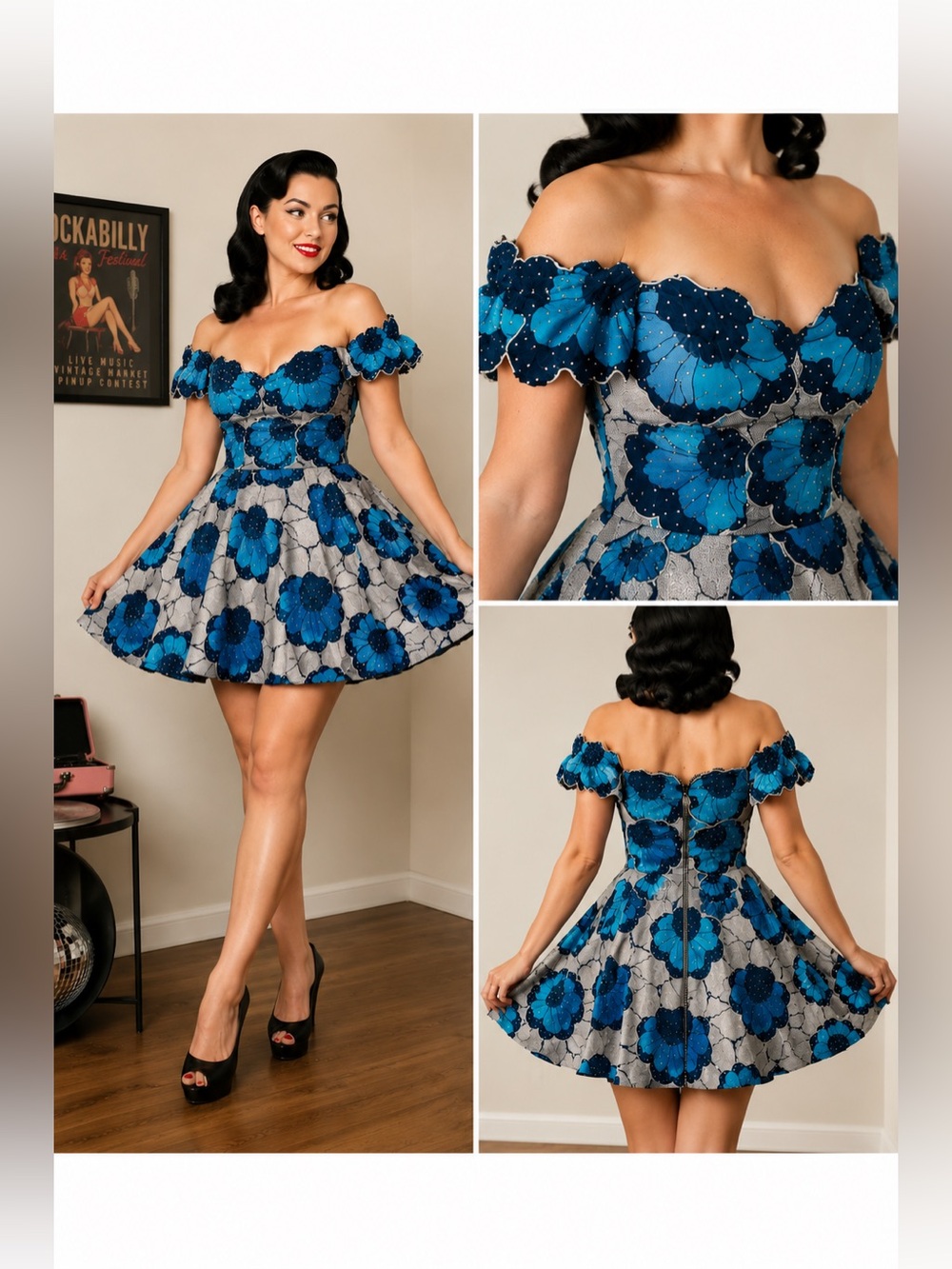 OOAK Custom Blue Floral Rhinestone Rockabilly Pin Up coquette Party Dress 12-14 - Picture 1 of 15